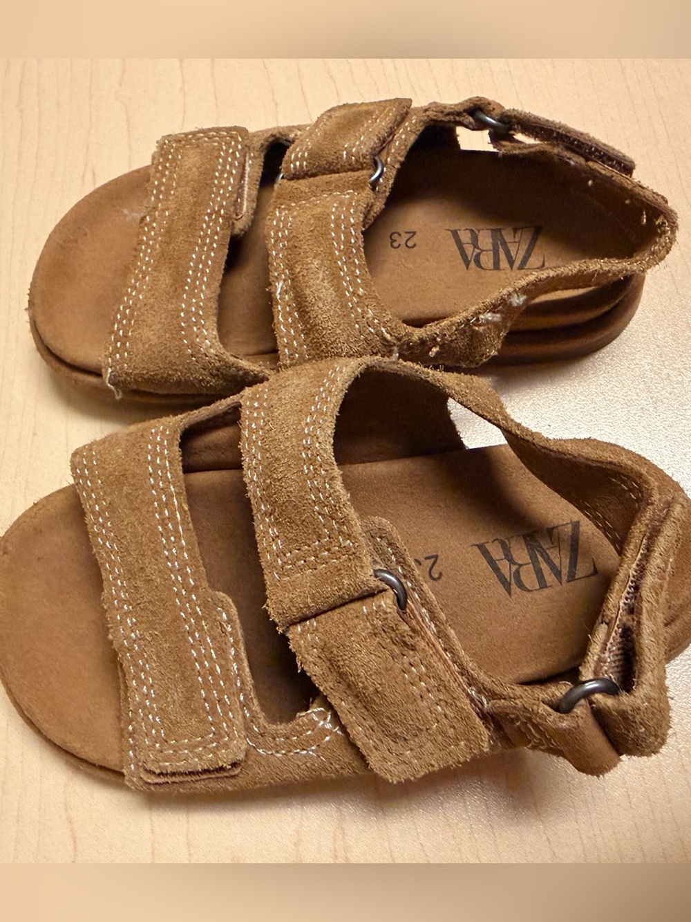 Zara Kids Tan Suede Double-Strap Velcro Sandals